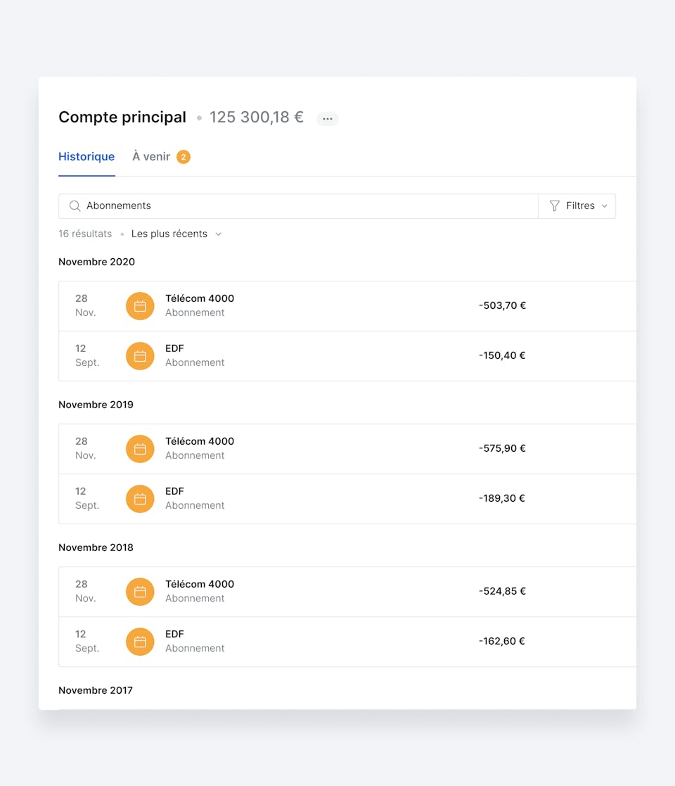 Interface de l'historique illimité de vos transactions.